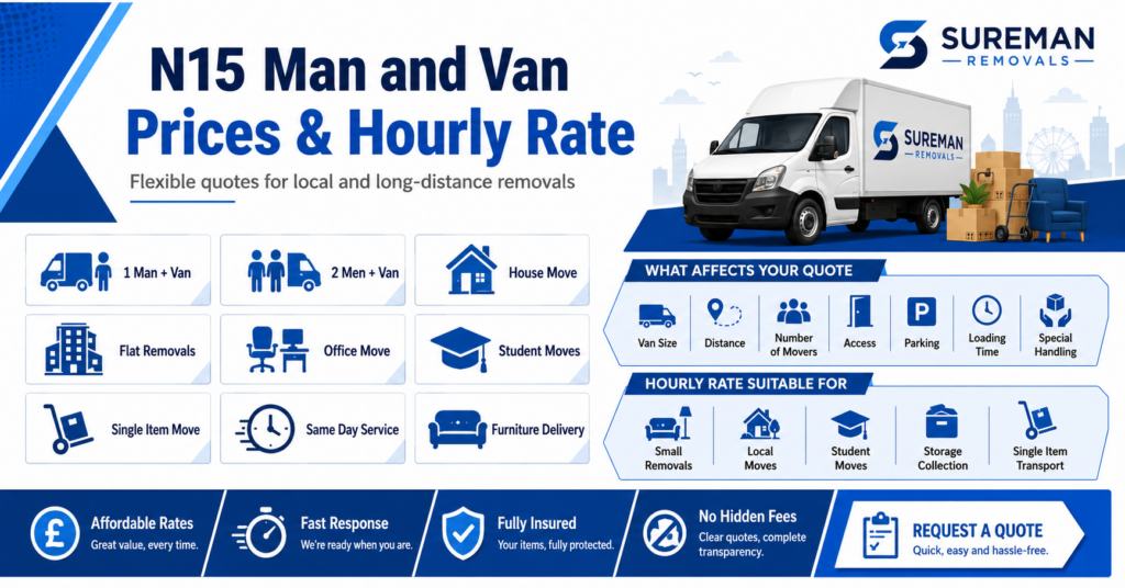 Man and Van N15 prices and hourly rate infographic