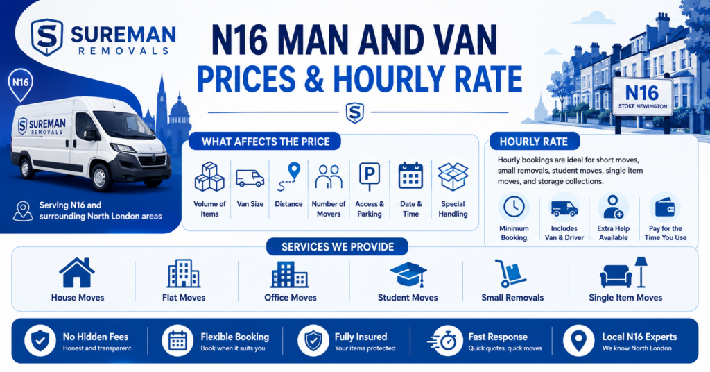 Man and Van N16 prices and hourly rate infographic