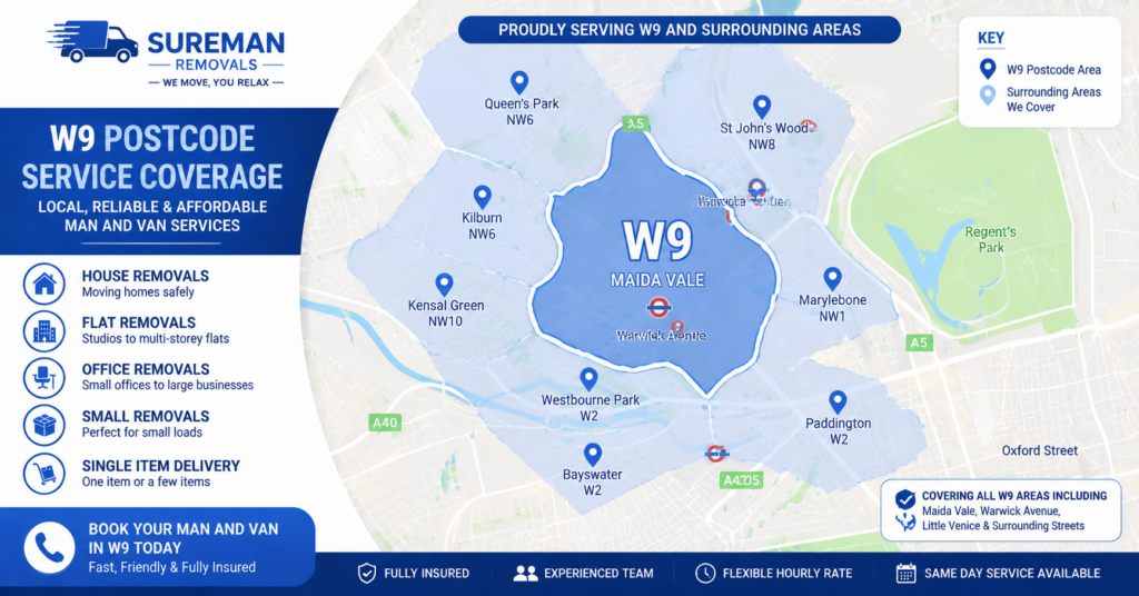 Map showing W9 London and surrounding areas for man and van services